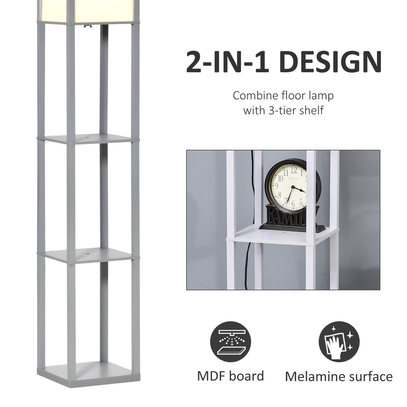 HOMCOM Floor Lamp Reading Lamp with 3-Tier Storage Shelf for Home Office Grey