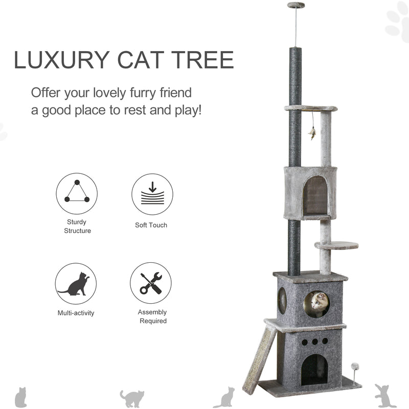 PawHut 255cm Cat Tree Floor To Ceiling Kitty Activity Center With Double Condo