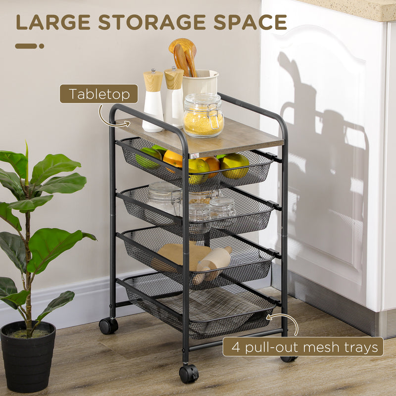 HOMCOM Storage Trolley Rolling Utility Cart with 4 Mesh Basket for Kitchen Black