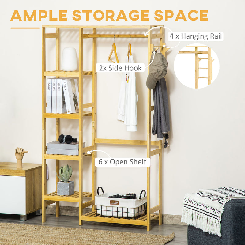 HOMCOM Bamboo Coat Rack w/ Hooks Hanging Rail and Storage Shelf for Entryway