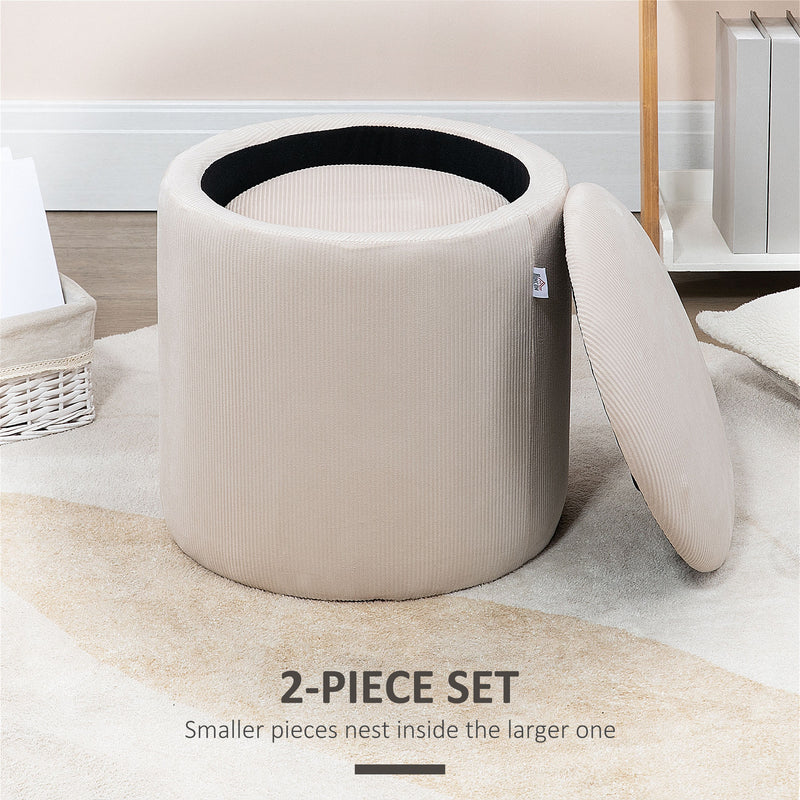 HOMCOM Modern Fabric Storage Ottoman with Removable Lid, Set of 2, White