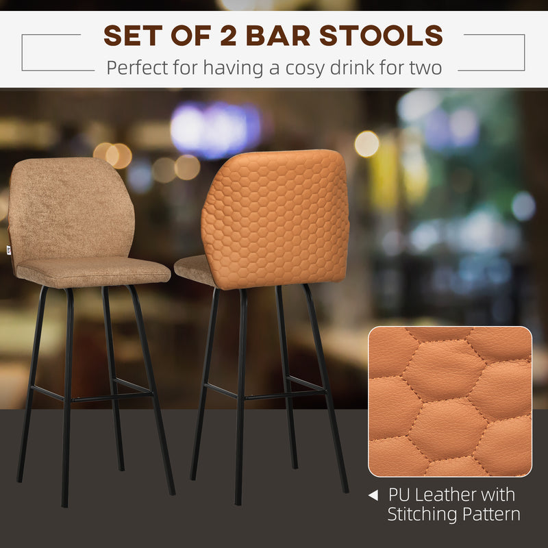 HOMCOM Bar Stools Set of 2, Upholstered Kitchen Stools with Back, Footrest