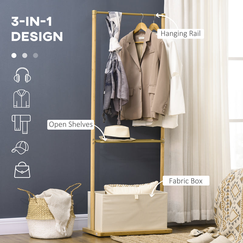HOMCOM Clothes Rail Bamboo Coat Stand Garment Rack W/ Shelves Fabric Box Natural