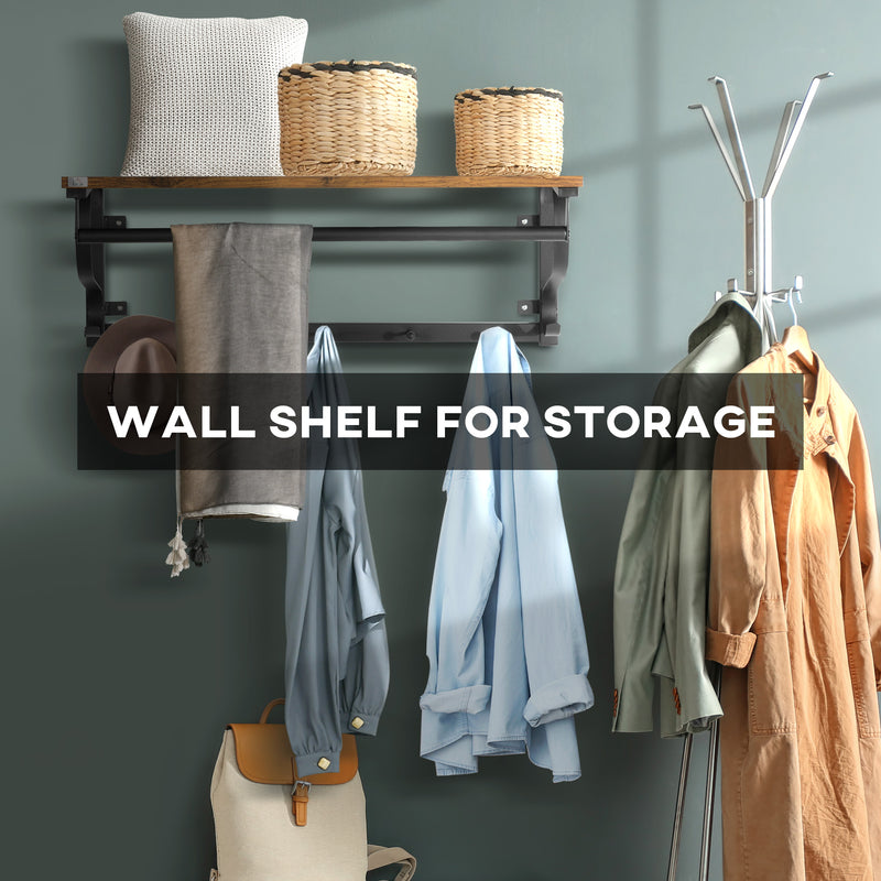 HOMCOM Floating Shelf Wall Mounted Shelf with 5 Hooks and Hanging Rod Brown