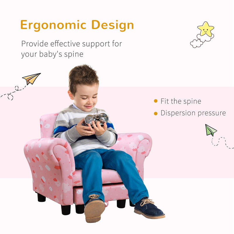 HOMCOM Cute Cloud Star Child Armchair Seat Wood Frame w/ Footrest Padding Pink