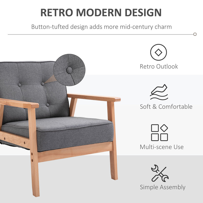 Homcom Retro Accent Single Chair Beech Wood Frame Armchair Cushion Linen Fabric