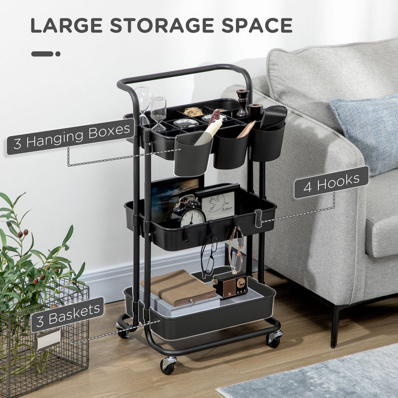 HOMCOM 3-Tier Utility Cart, Rolling Serving Trolley with Baskets and Hooks
