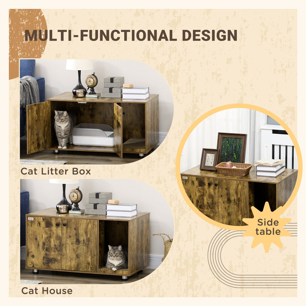PawHut Cat Litter Box Enclosure End Table with Double Doors Rustic B