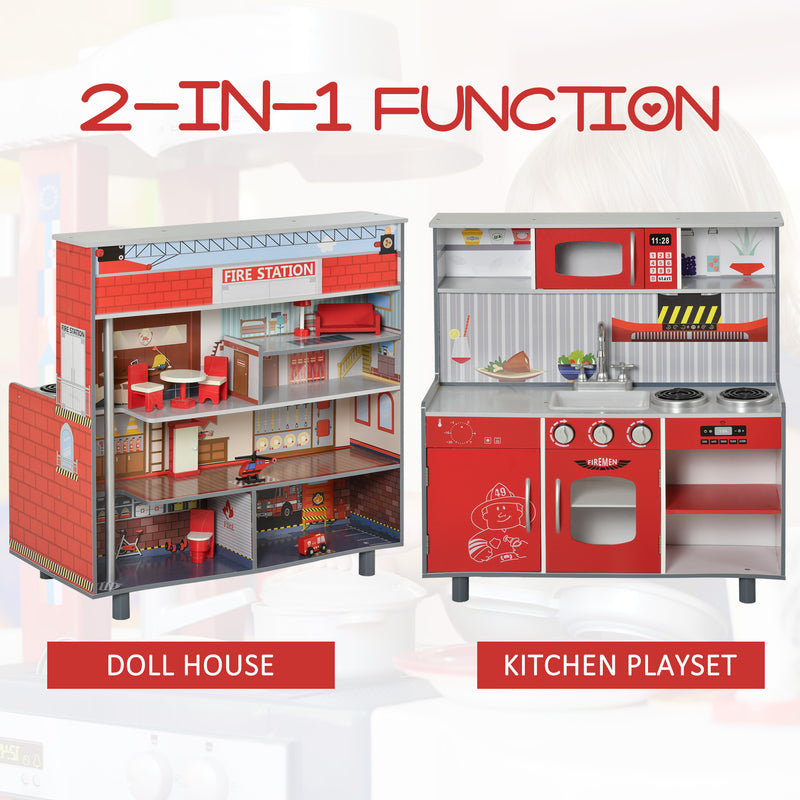 HOMCOM Multifunction Kids Kitchen Set Doll House Pretend Cooking Set Red