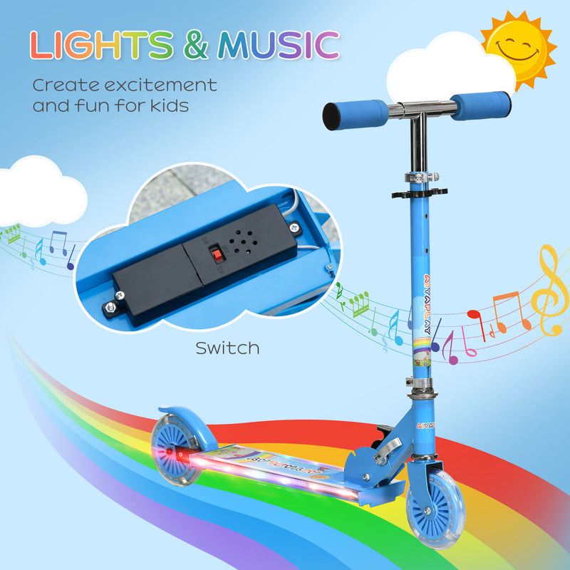 HOMCOM Kids Scooter 2 Wheels W/ Lights Music Adjustable Height Foldable - Blue