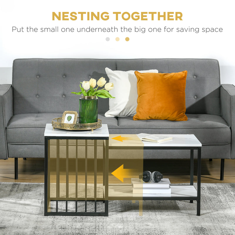 HOMCOM Modern Coffee Table Set of Two w/ Steel Frame Marble-Effect White, Black