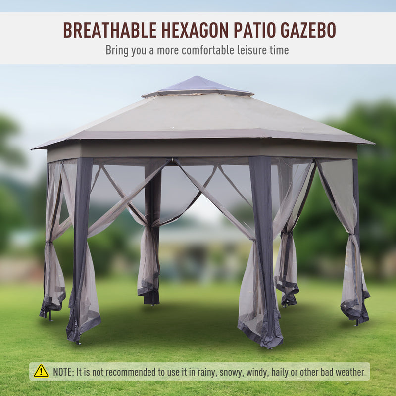 Outsunny 4x4m Hexagon Gazebo w/ Metal Frame Mesh Curtains Outdoor Garden, Beige