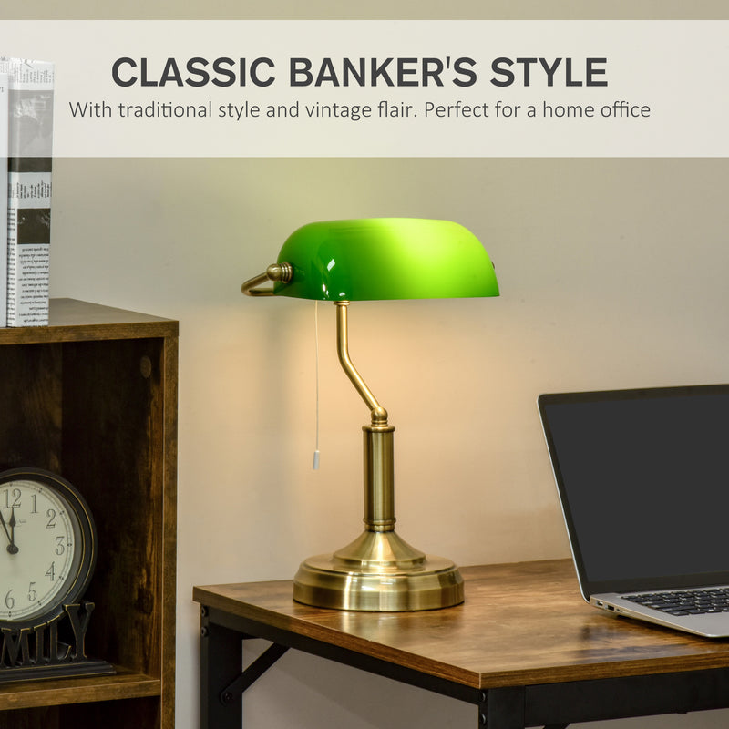 HOMCOM Banker's Table Lamp w/ Bronze Base, Green Glass Shade, Pull Rope Switch