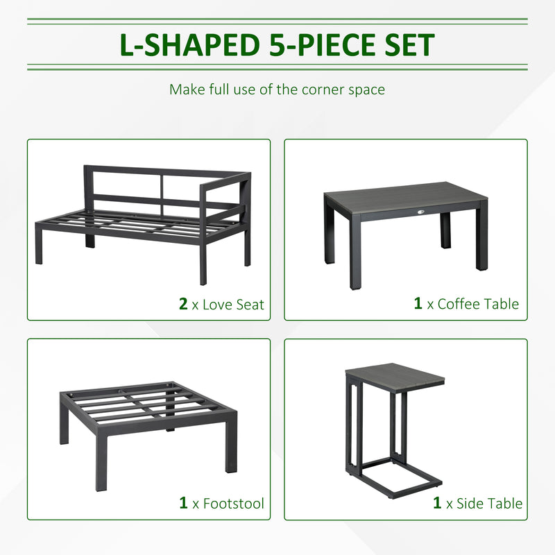Outsunny 5-Piece Corner Garden Furniture Set w/ 2 Tables, Grey Aluminium Frame