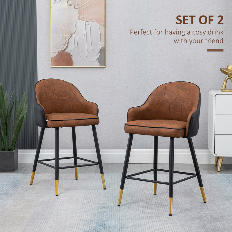 HOMCOM Modern Bar Stools Set of 2, PU Leather Bar Chairs with Steel Legs, Brown