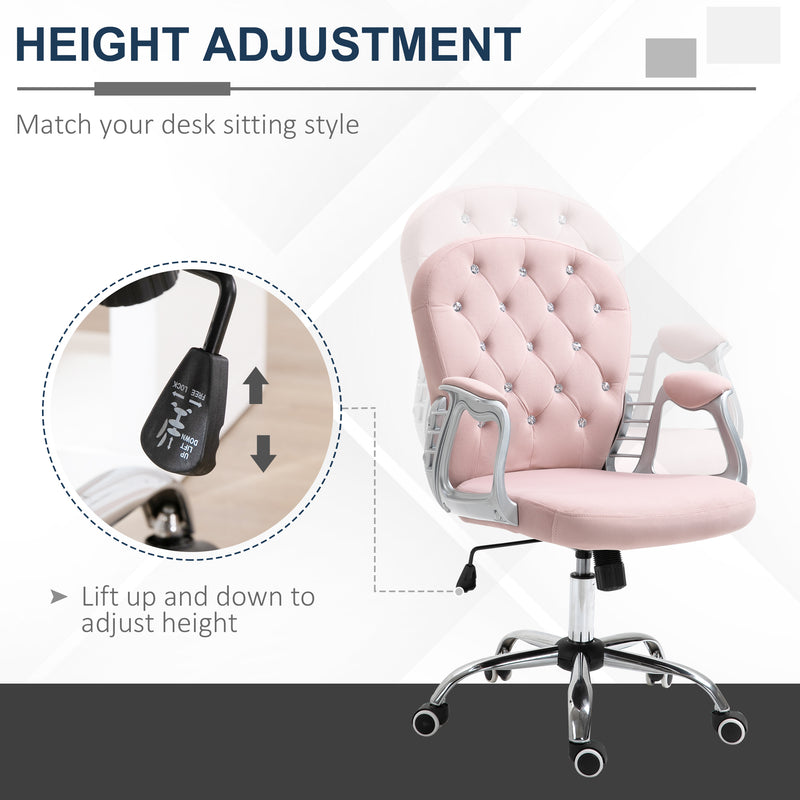 Vinsetto Office Chair Velour Diamond Tufted Padded Ergonomic 360° Swivel Pink