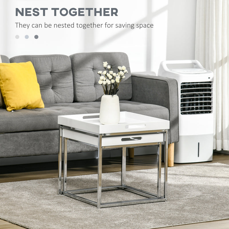 HOMCOM Coffee Table Set of 2 High Gloss Nest of Tables with Steel Frame, White