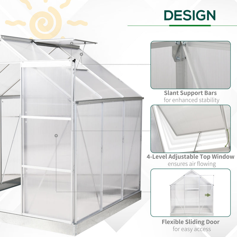Outsunny 6x6ft Walk-In Greenhouse Polycarb. Panels Aluminium Frame Sliding Door