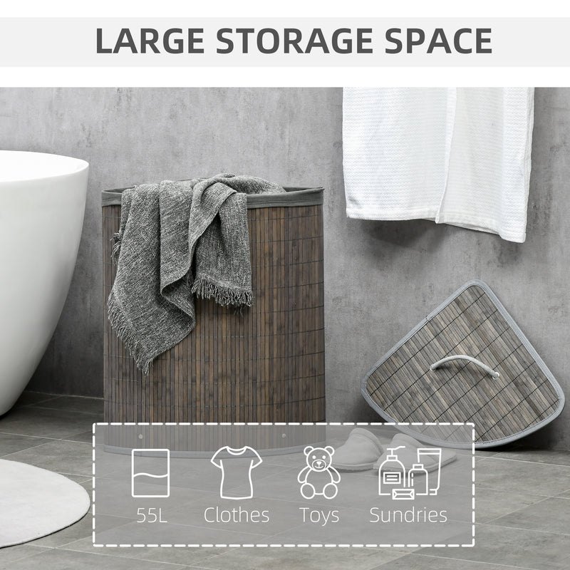 HOMCOM 55L Bamboo Corner Laundry Hamper Bamboo Laundry Basket 38x38x57cm Grey