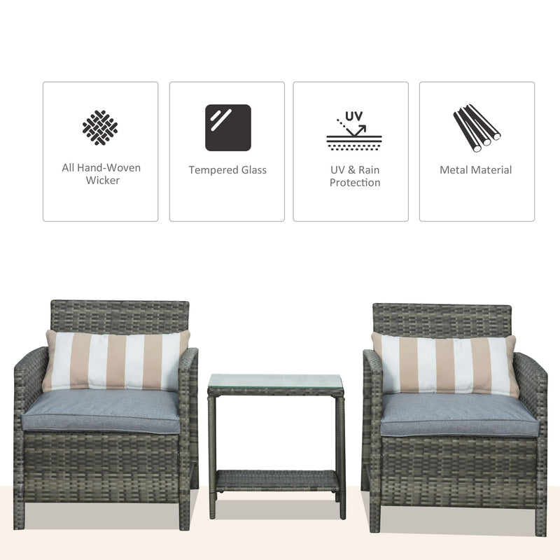 Outsunny 3 PC Outdoor Rattan Sofa Set w/ Chairs Coffee Table Cushion Grey