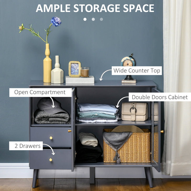 HOMCOM Modern Sideboard, Glass Door Buffet Cabinet with 2 Drawers, Grey