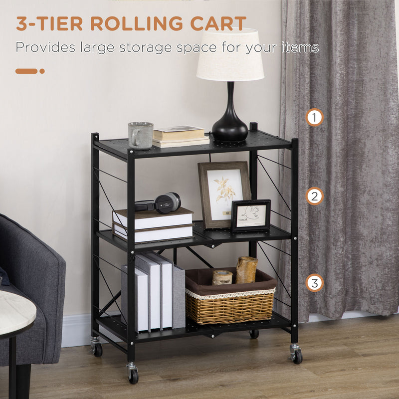 HOMCOM 3-Tier Utility Cart, Rolling Storage Trolley for Kitchen, Living Room