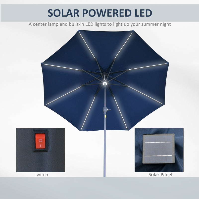 Outsunny 2.7m Garden Parasol Summer Shelter w/ LED Solar Light Crank Tilt Blue