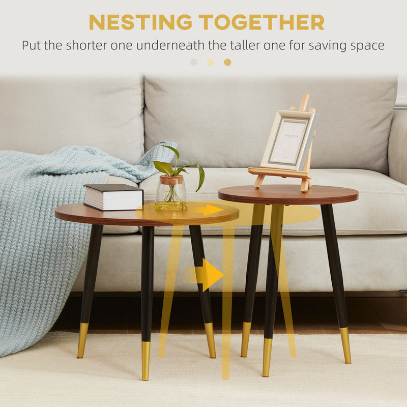 HOMCOM 2 Pieces Round Nesting Coffee Tables with Steel Frame Walnut brown