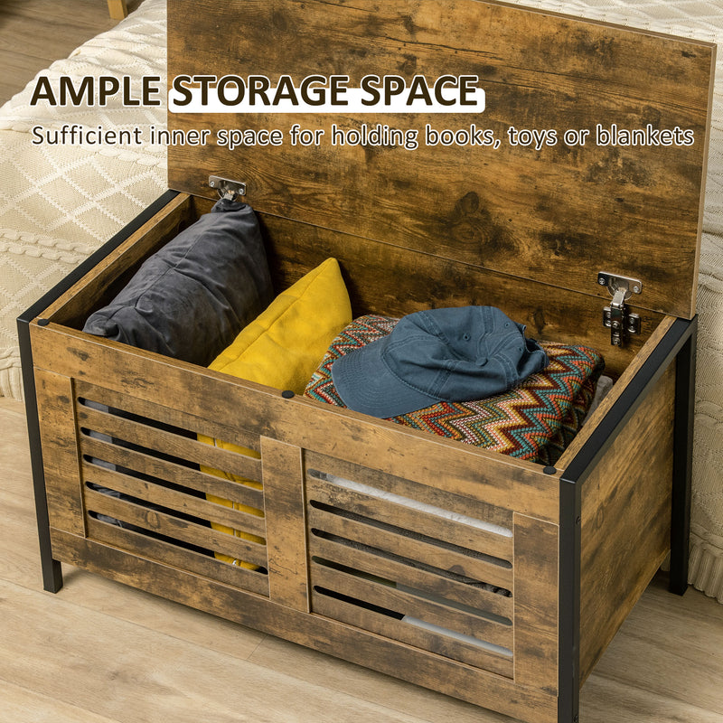 HOMCOM Louvred Storage Shoe Bench Chest with Lift Top for Bedroom, Rustic Brown
