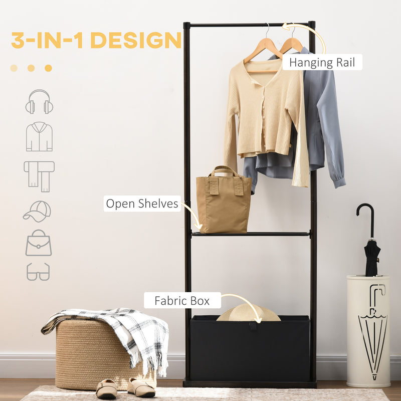 HOMCOM Clothes Rail Bamboo Coat Stand Garment Rack W/ Shelves Fabric Box Walnut