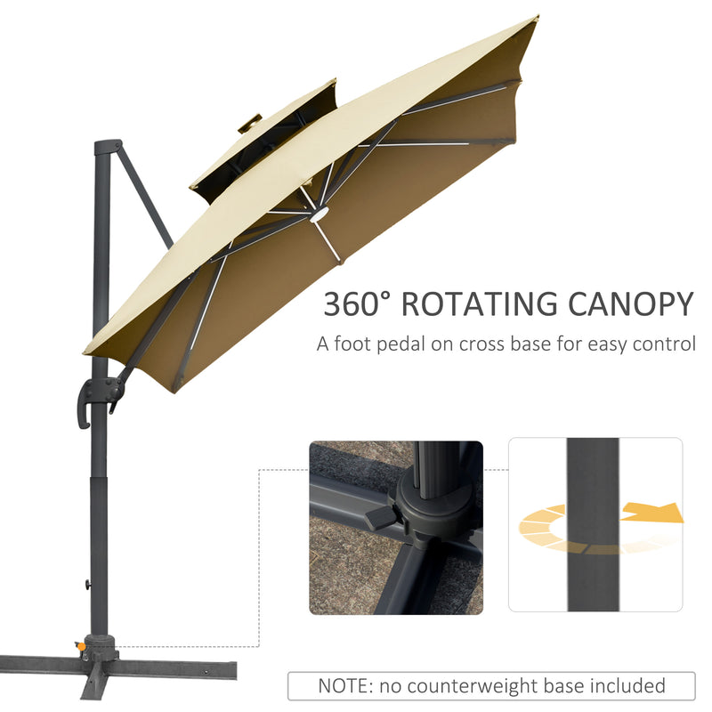 Outsunny 3m Cantilever Parasol LED Patio Umbrella for Lawn Beach Poolside Khaki