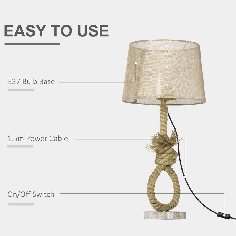HOMCOM Farmhouse Table Lamp with Fabric Lampshade Knotted Hemp Rope for Study