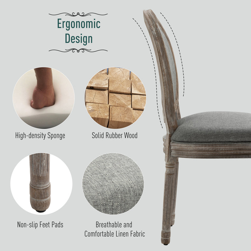 HOMCOM Set of 2 Elegant French-Style Dining Chairs w/ Wood Frame Foam Seat Grey