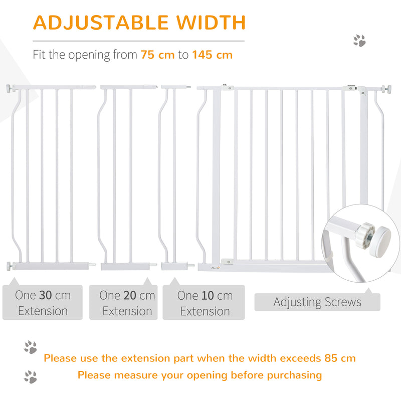 PawHut Dog Gate Wide Stair Gate w/ Door Pressure Fit, 75-145W cm, White