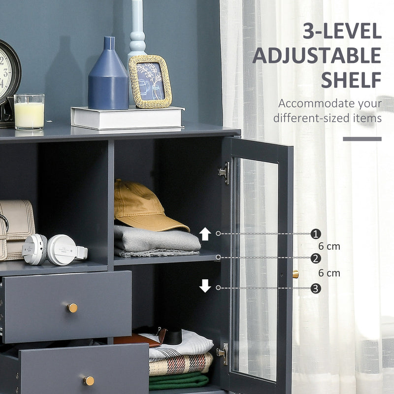 HOMCOM Modern Sideboard Cabinet, Glass Door Cupboard with 2 Drawers, Grey