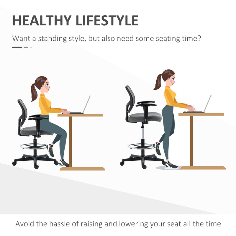 Vinsetto Drafting Chair Tall Office Stand Desk Chair with Foot Ring, Arm, Wheel
