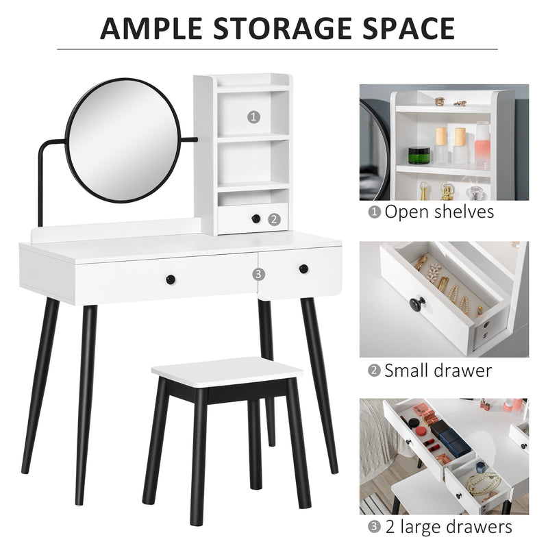 HOMCOM Dressing Table Set with 3 Drawers, Storage shelves and Stool, White