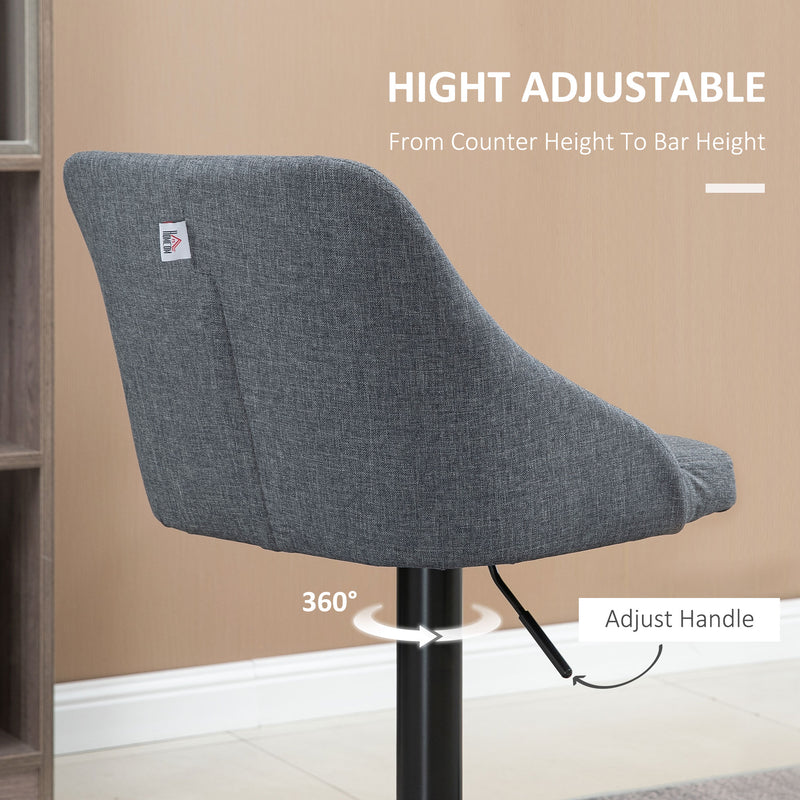 HOMCOM Swivel Bar Stools Set of 2 Adjustable Height Fabric Bar Chairs Grey