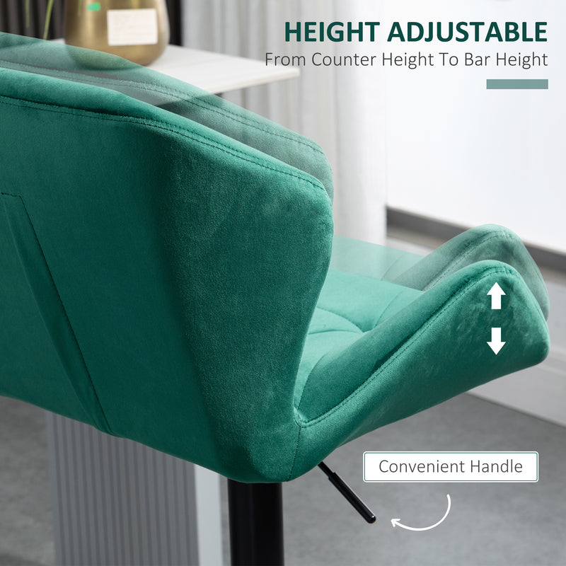 HOMCOM Set Of 2 Luxurious Velvet-Touch Bar Stools Metal Frame Footrest Green