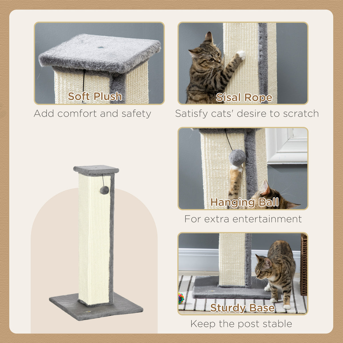PawHut 81cm Cat Scratching Post w/ Sisal Rope, Hanging Ball, Soft Plus