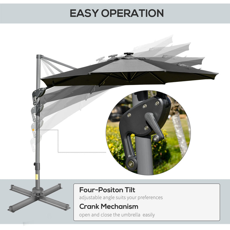 Outsunny 3m Solar LED Cantilever Parasol Adjustable Garden Umbrella Dark Grey