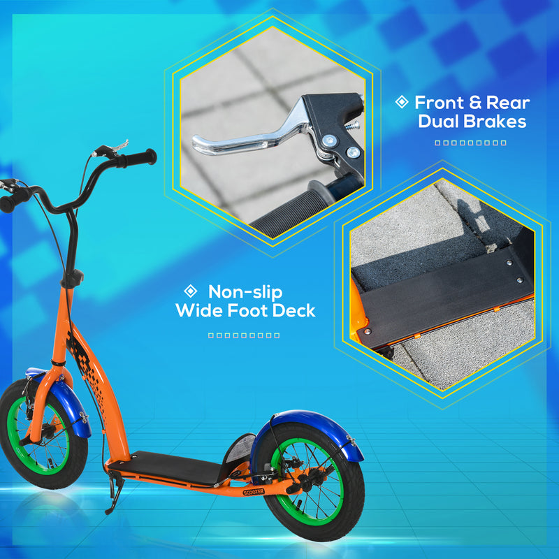HOMCOM Kids Kick Scooter Adjustable Height Dual Brakes 12" Inflatable Wheels