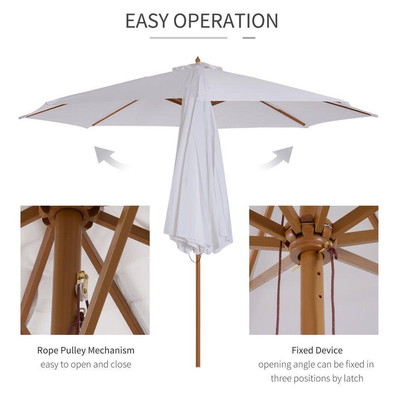 Outsunny 3m Fir Wooden Garden Parasol Sun Shade Outdoor Umbrella Canopy Cream
