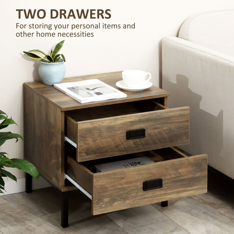 HOMCOM Retro Bedside Table Metal Frame Bedroom Side Table w/ 2 Drawers Coffee