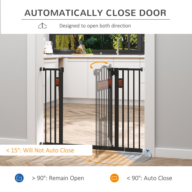PawHut Dog Gate Pet Safety Gate W/ Cat Door Auto Close Pine Decor 74-105 cm Wide
