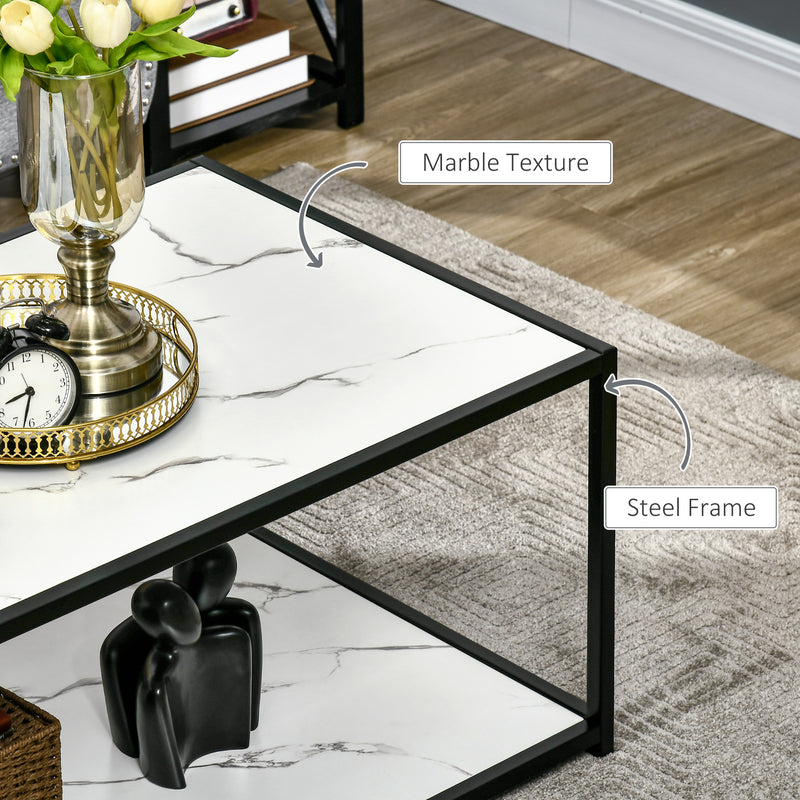 HOMCOM Coffee Table Cocktail Table w/ Faux Marble Top and Steel Frame, White