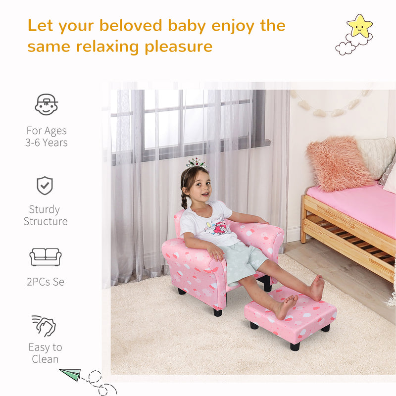 HOMCOM Cute Cloud Star Child Armchair Seat Wood Frame w/ Footrest Padding Pink