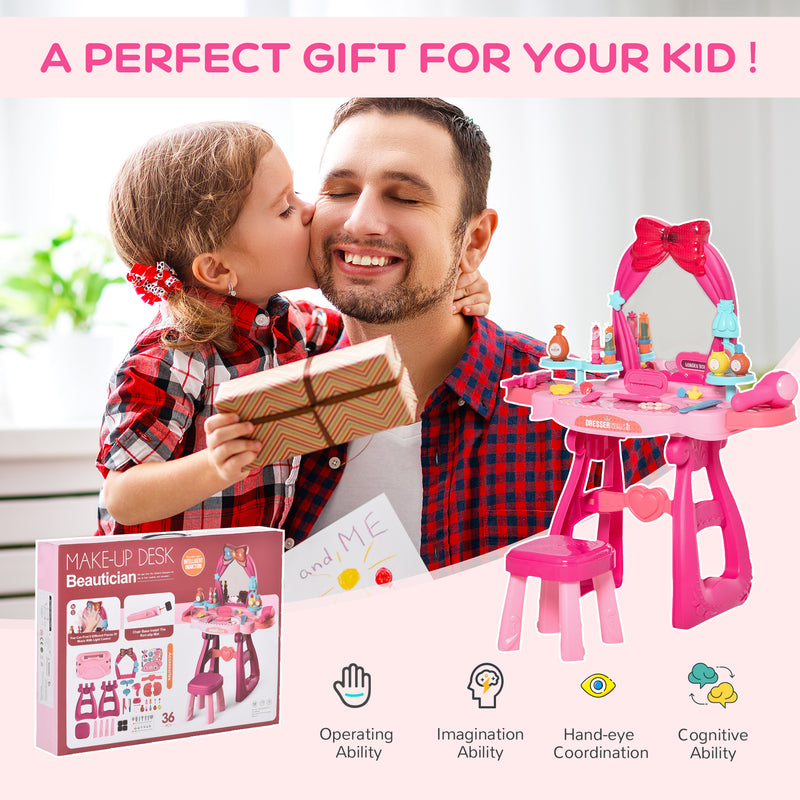 HOMCOM 36 Pcs Kids Vanity Dressing Table w/ Stool Lights Music Bright Red+Pink