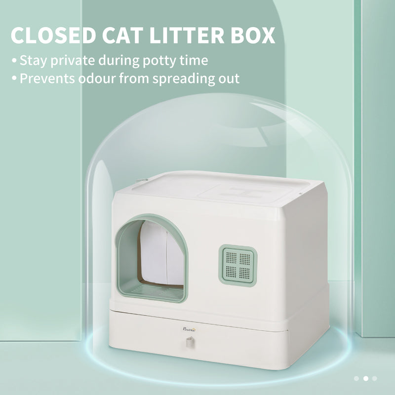 PawHut Cat Litter Box, Hooded Cat Litter Tray w/ Drawer Pan, Scoop, Deodorants