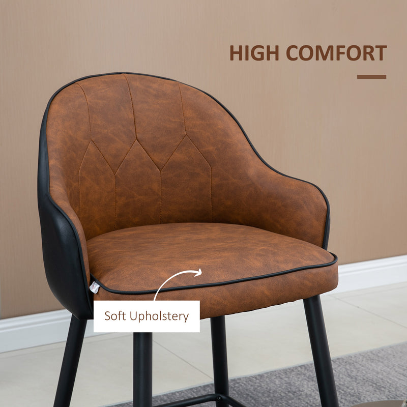 HOMCOM Modern Bar Stools Set of 2, PU Leather Bar Chairs with Steel Legs, Brown